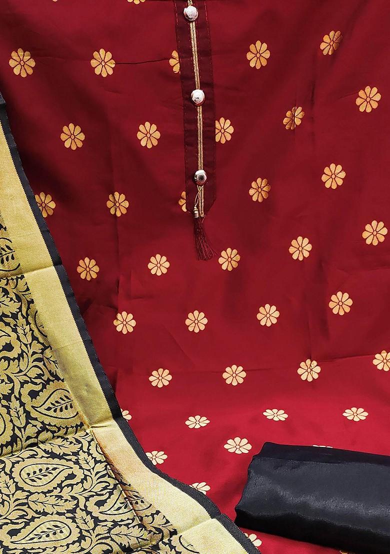 Maroon Floral Woven Design Poly Blend Kurta Set