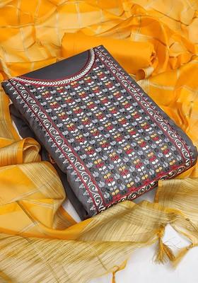 Grey Floral Embroidered Poly Blend Kurta Set