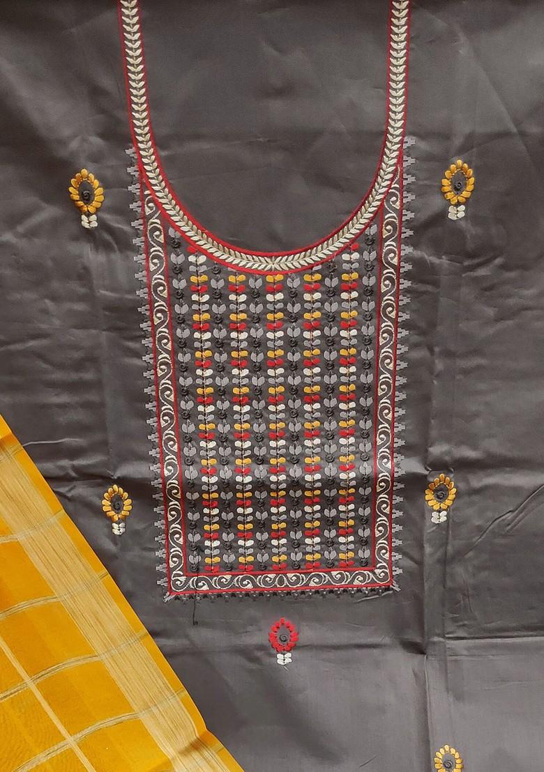 Grey Floral Embroidered Poly Blend Kurta Set