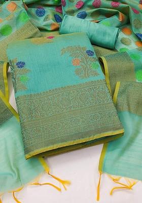 Sea Green Floral Woven Design Poly Blend Kurta Set