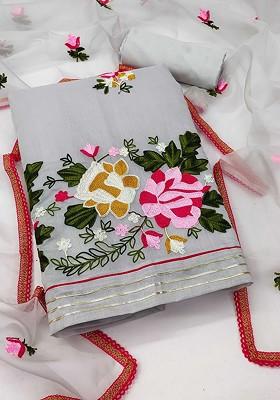 Grey Floral Embroidered Poly Blend Kurta Set