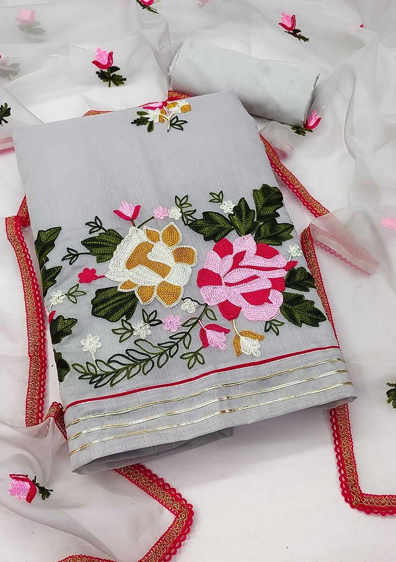 Grey Floral Embroidered Poly Blend Kurta Set