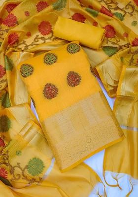 Yellow Ethnic Motifs Woven Poly Blend Kurta Set