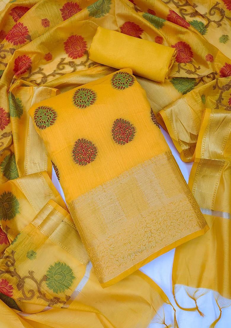 Yellow Ethnic Motifs Woven Poly Blend Kurta Set