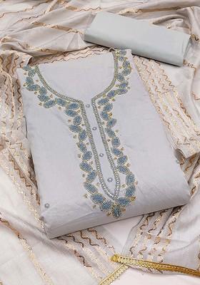 Grey Floral Embellished Poly Blend Kurta Set