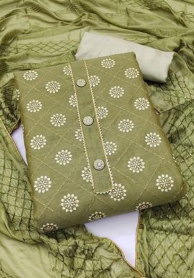 Green Floral Embroidered Poly Blend Kurta Set