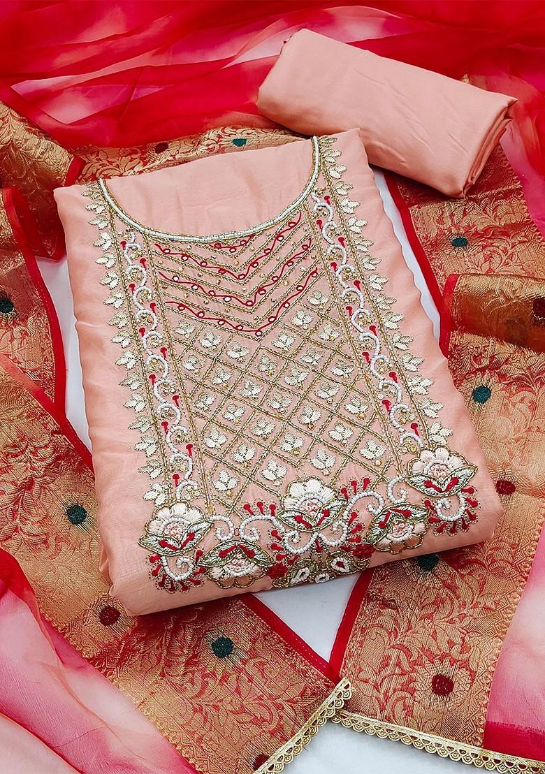 Peach Bead Embroidered Poly Blend Kurta Set
