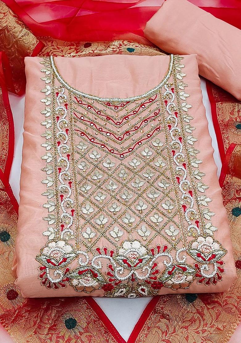 Peach Bead Embroidered Poly Blend Kurta Set