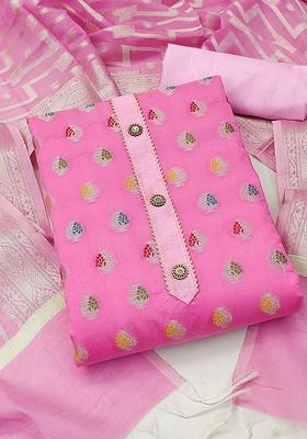 Pink Ethnic Motifs Woven Poly Blend Kurta Set
