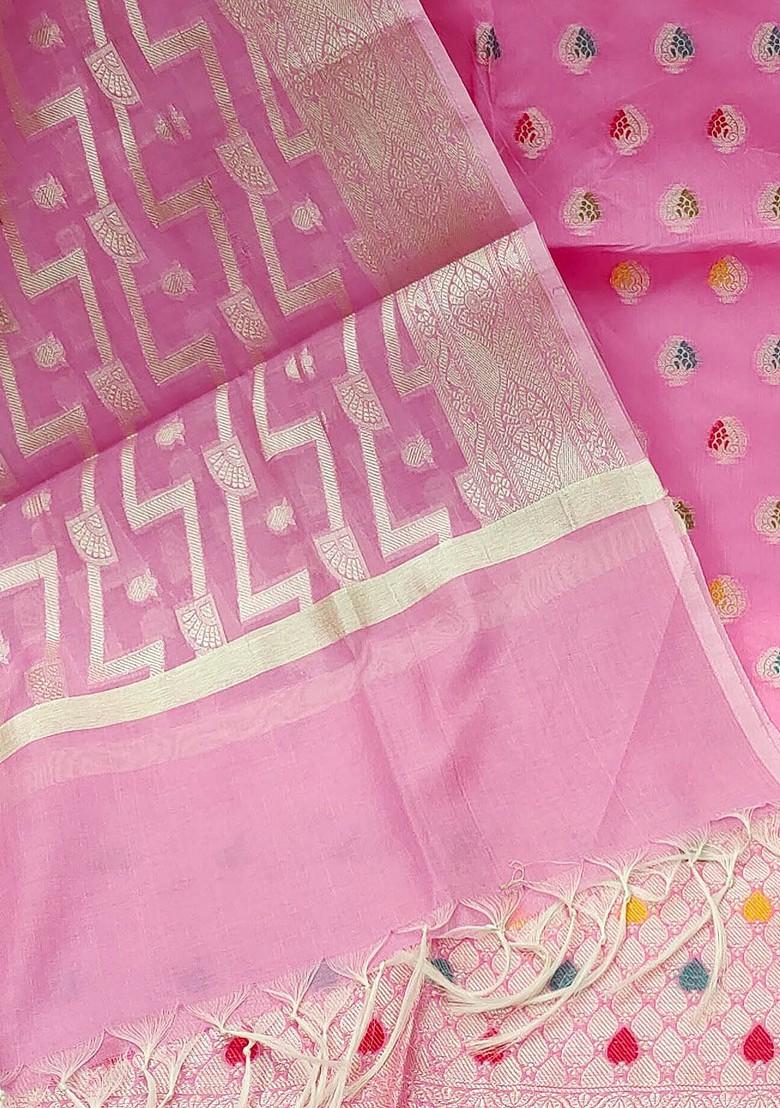 Pink Ethnic Motifs Woven Poly Blend Kurta Set