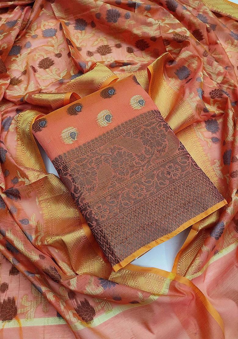 Peach Ethnic Motifs Woven Poly Blend Kurta Set