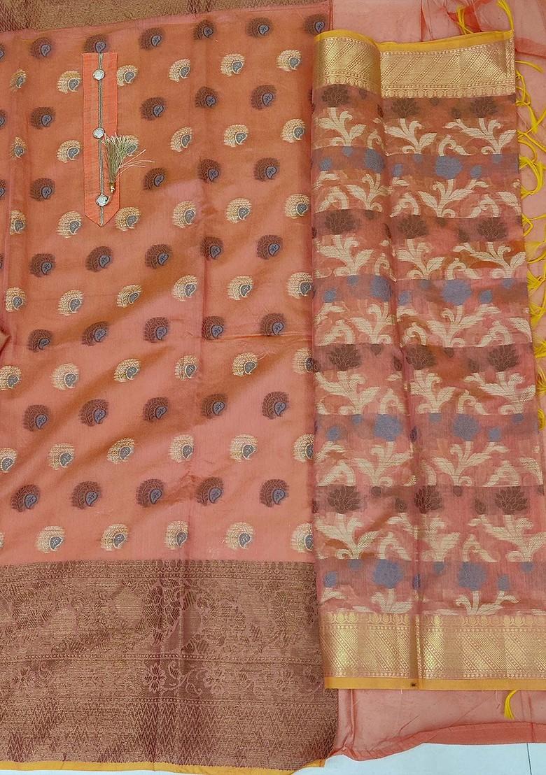 Peach Ethnic Motifs Woven Poly Blend Kurta Set