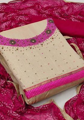 Beige Bead Embroidered Poly Blend Kurta Set