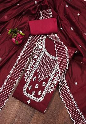 Maroon Floral Embroidered Cotton Kurta Set