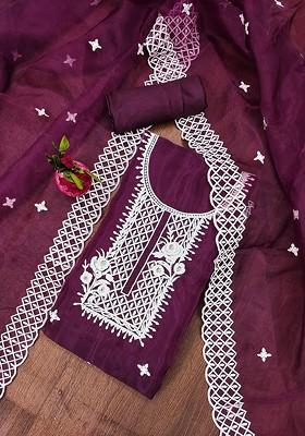 Purple Floral Embroidered Organza Kurta Set