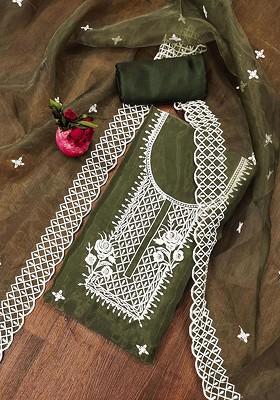 Olive Green Floral Embroidered Organza Kurta Set