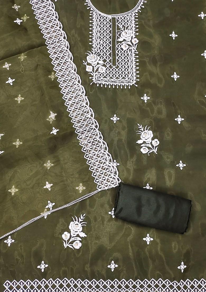 Olive Green Floral Embroidered Organza Kurta Set