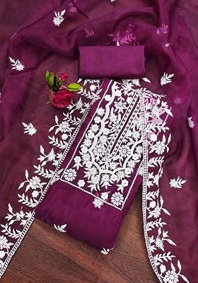 Purple Floral Embroidered Organza Kurta Set