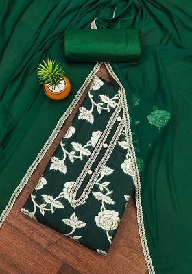 Green Floral Woven Design Poly Blend Kurta Set