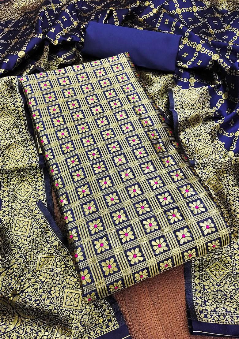 Navy Blue Floral Embroidered Poly Blend Kurta Set