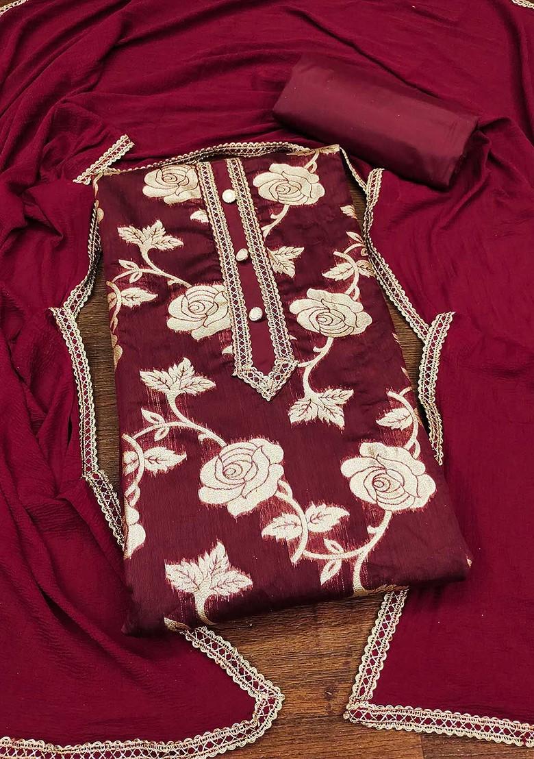 Maroon Woven Poly Blend Kurta Set