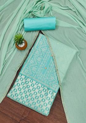 Sea Green Ethnic Motifs Woven Poly Blend Kurta Set