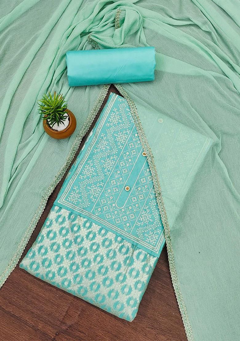 Sea Green Ethnic Motifs Woven Poly Blend Kurta Set