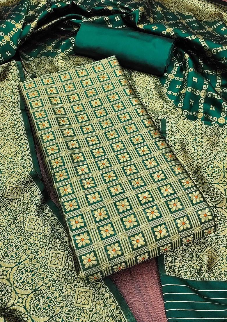 Olive Green Floral Woven Design Poly Blend Kurta Set