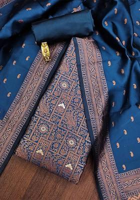 Navy Blue Ethnic Motifs Woven Poly Blend Kurta Set