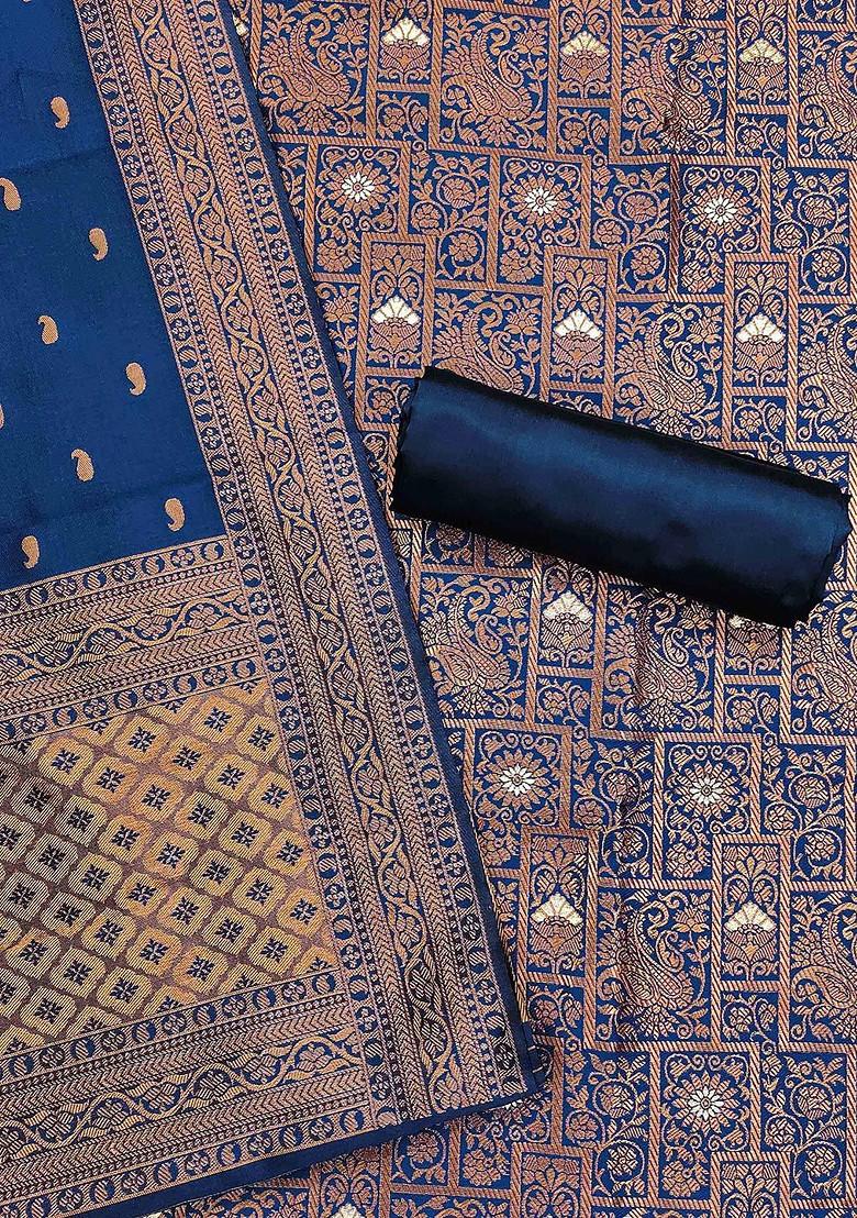 Navy Blue Ethnic Motifs Woven Poly Blend Kurta Set