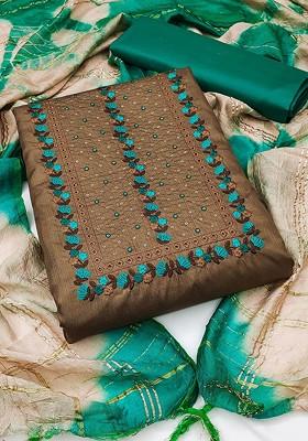 Brown Embroidered Poly Blend Kurta Set