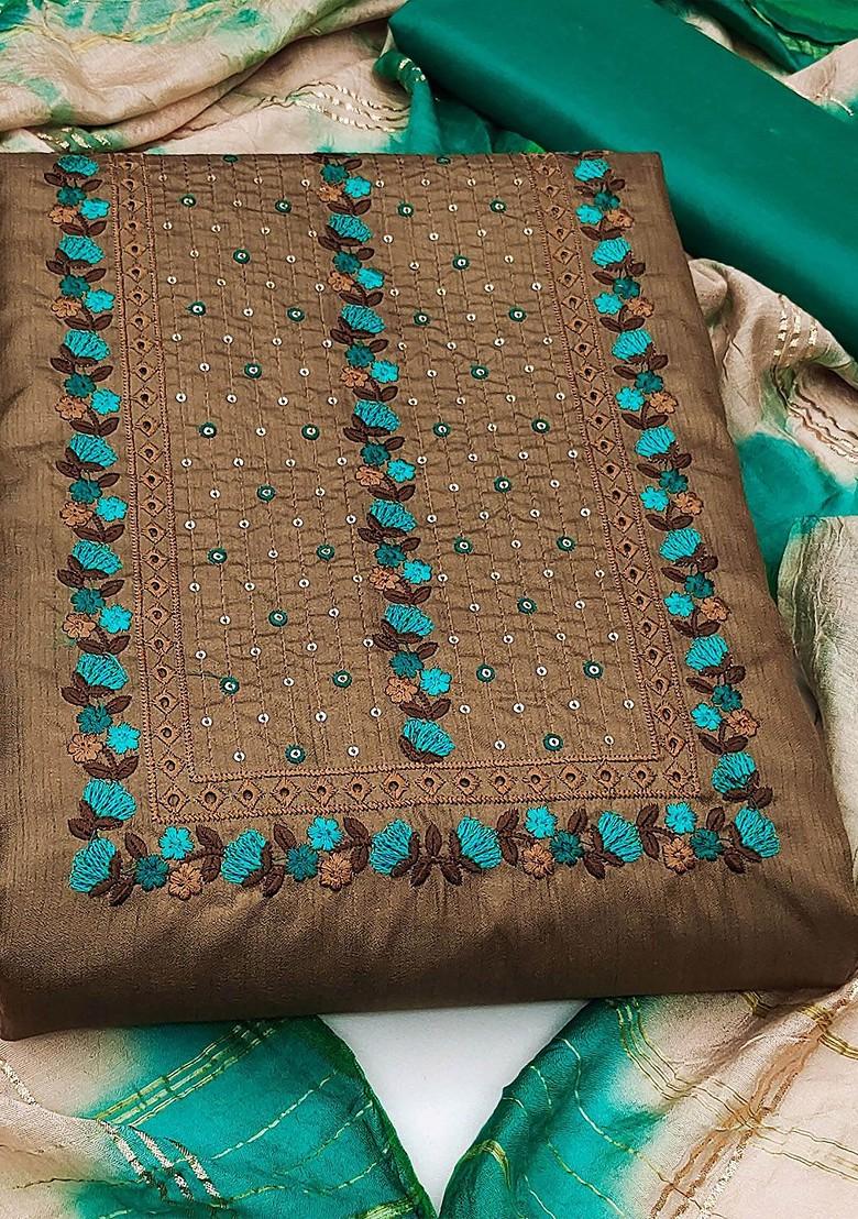 Brown Embroidered Poly Blend Kurta Set