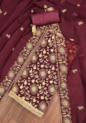 Maroon Floral Embroidered Poly Blend Kurta Set