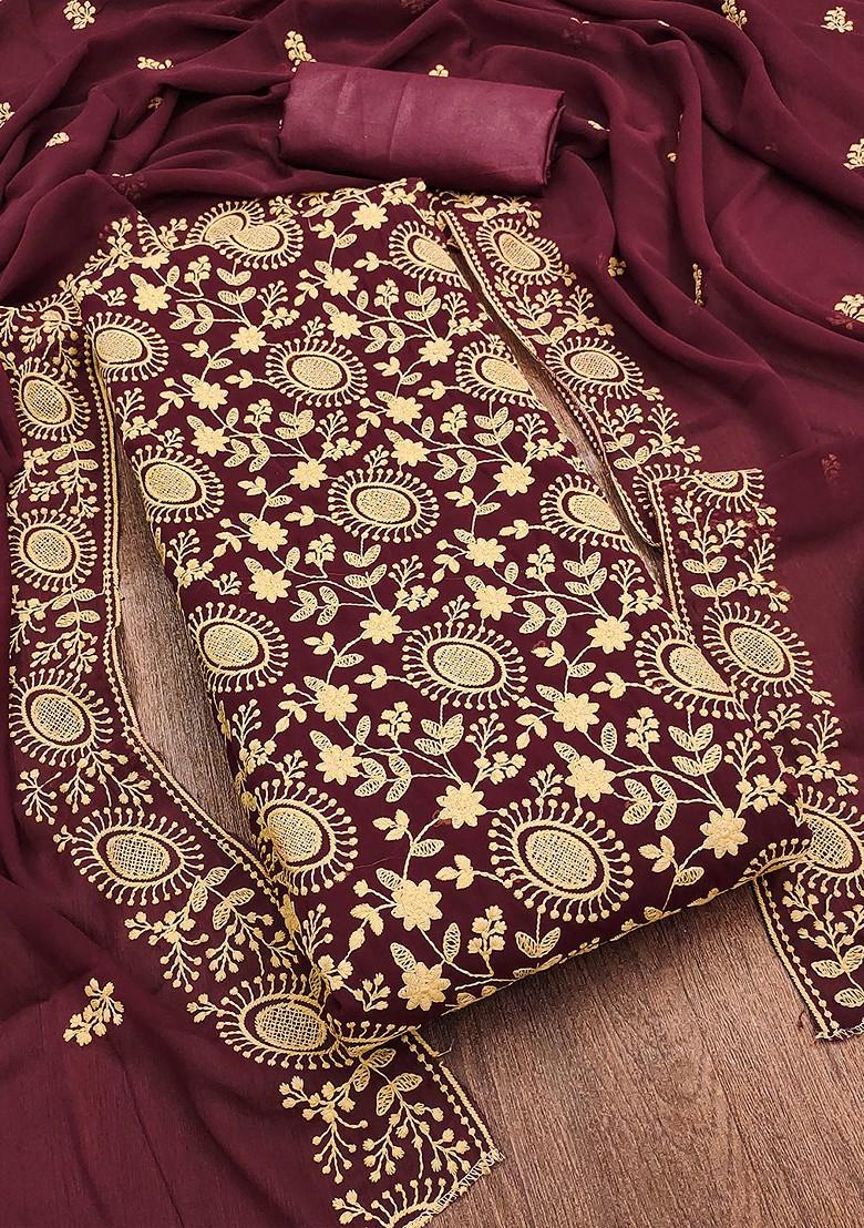 Maroon Floral Embroidered Poly Blend Kurta Set