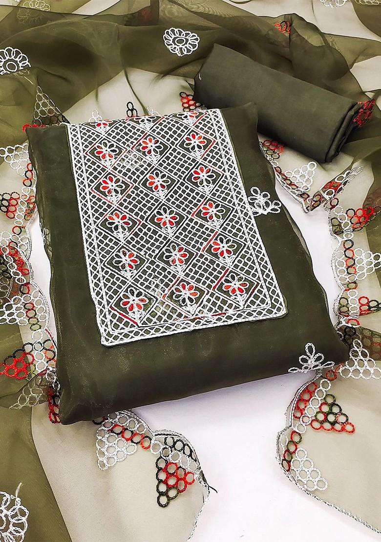Olive Green Ethnic Motifs Embroidered Organza Kurta Set