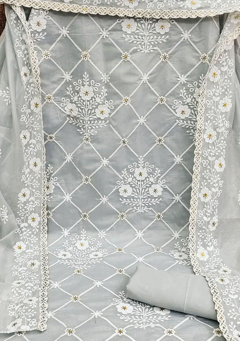 Grey Floral Embroidered Poly Blend Kurta Set