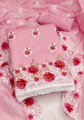 Pink Floral Embroidered Poly Blend Kurta Set
