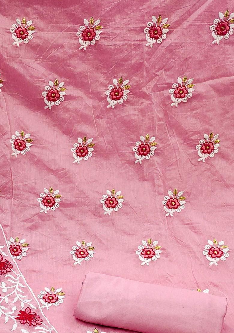 Pink Floral Embroidered Poly Blend Kurta Set