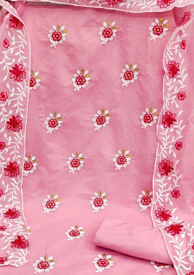 Pink Floral Embroidered Poly Blend Kurta Set