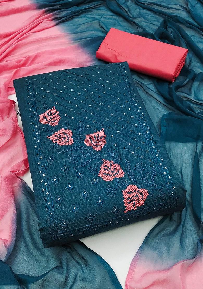 Teal Blue Embroidered Pure Cotton Kurta Set