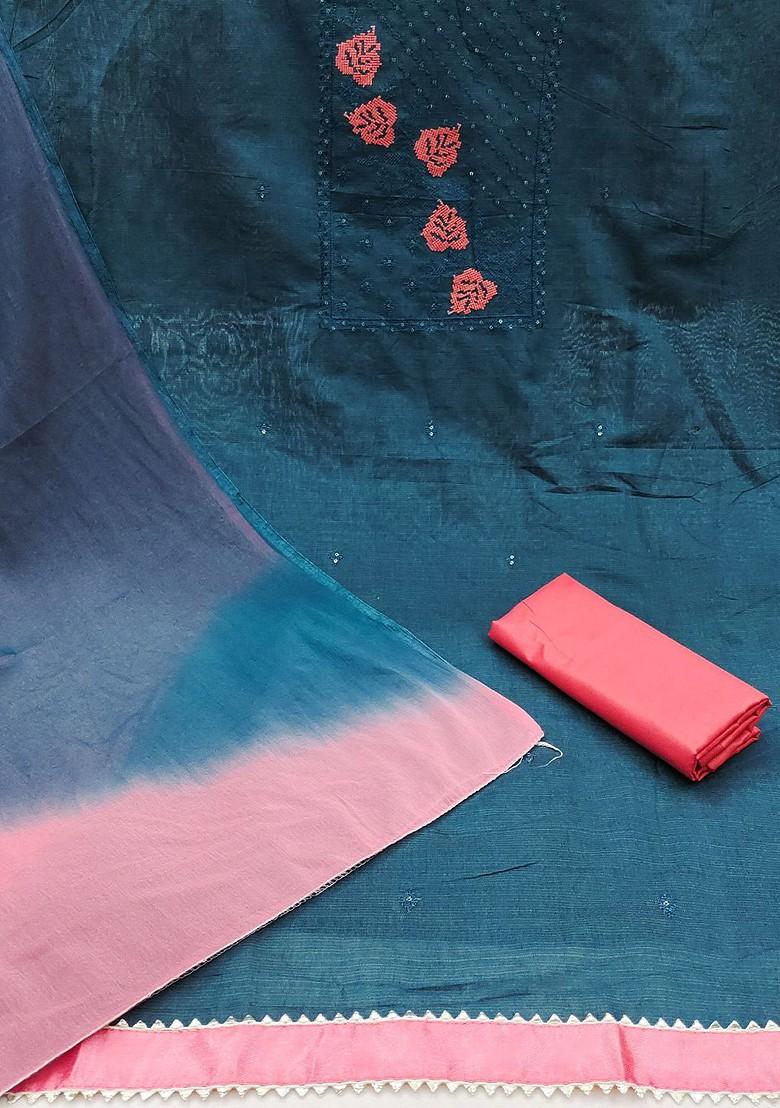 Teal Blue Embroidered Pure Cotton Kurta Set