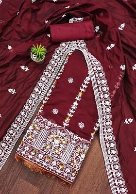 Maroon Floral Embroidered Poly Blend Kurta Set