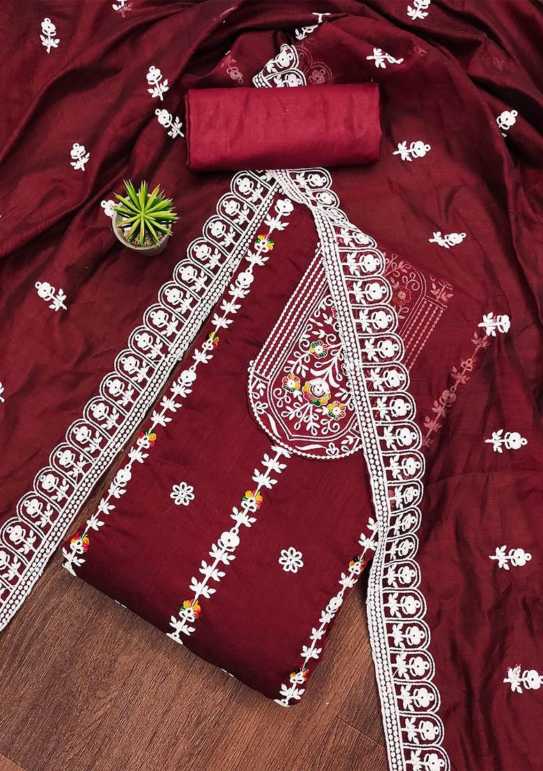 Maroon Floral Embroidered Poly Blend Kurta Set