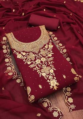 Maroon Embroidered Silk Georgette Kurta Set