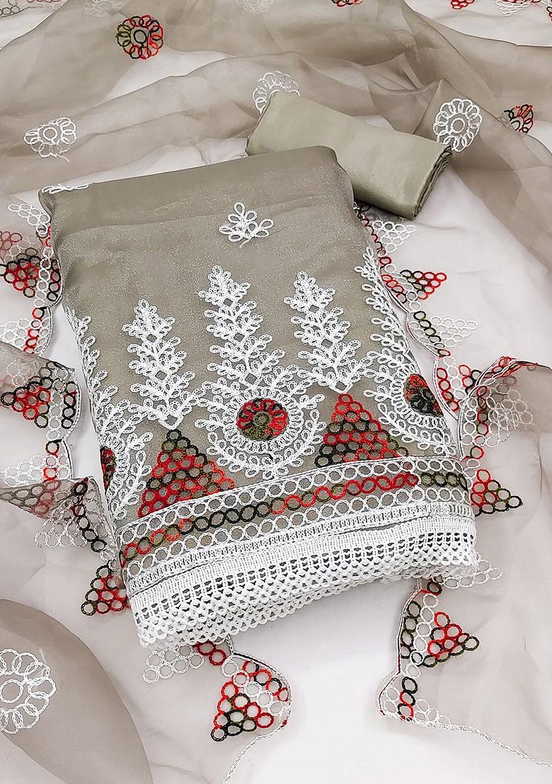 Grey Floral Embroidered Organza Kurta Set