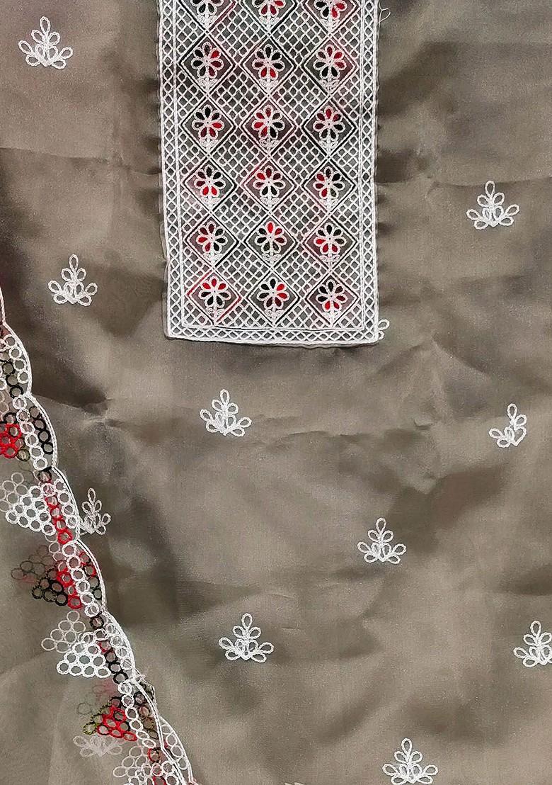 Grey Floral Embroidered Organza Kurta Set