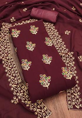 Maroon Floral Embroidered Silk Georgette Kurta Set