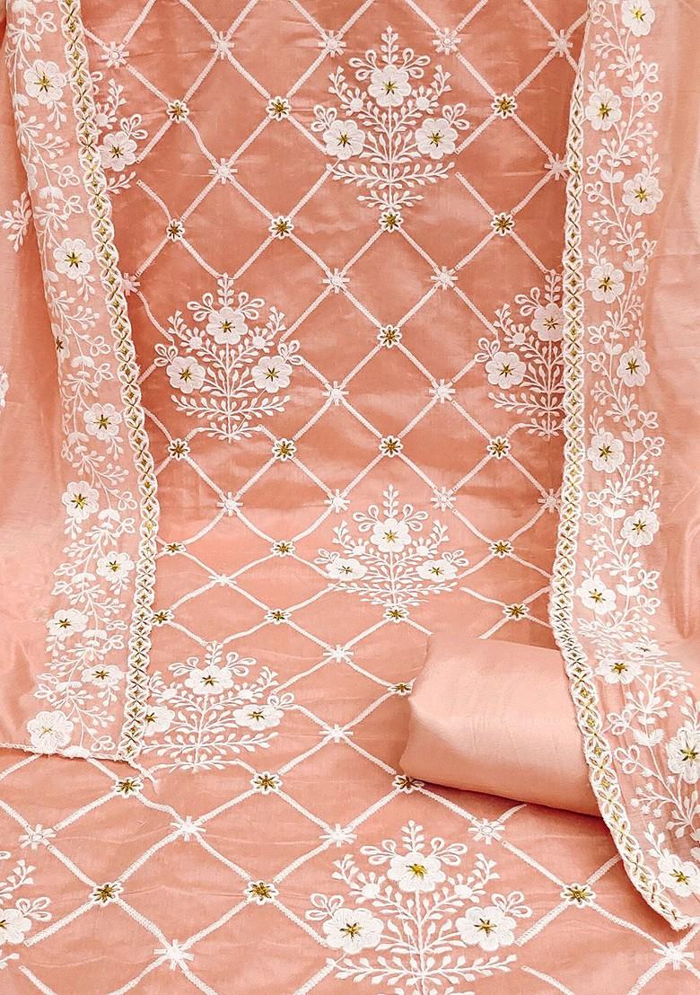 Peach Floral Embroidered Poly Blend Kurta Set