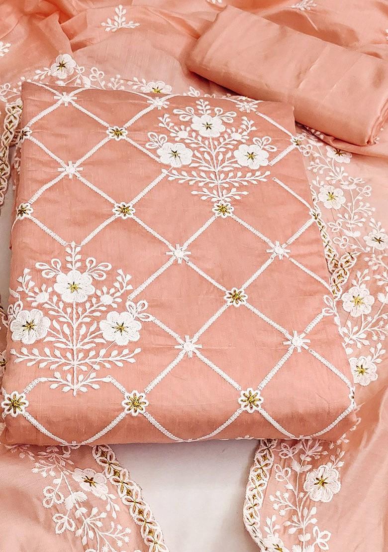 Peach Floral Embroidered Poly Blend Kurta Set