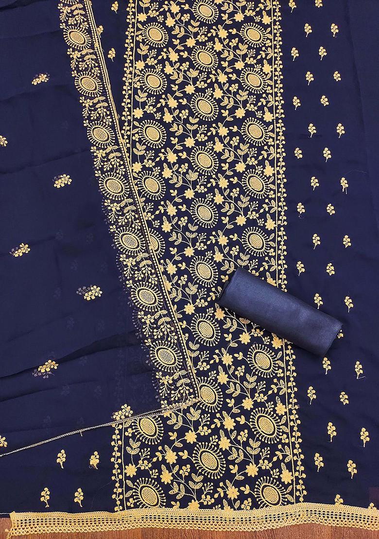 Navy Blue Ethnic Motifs Embroidered Silk Georgette Kurta Set